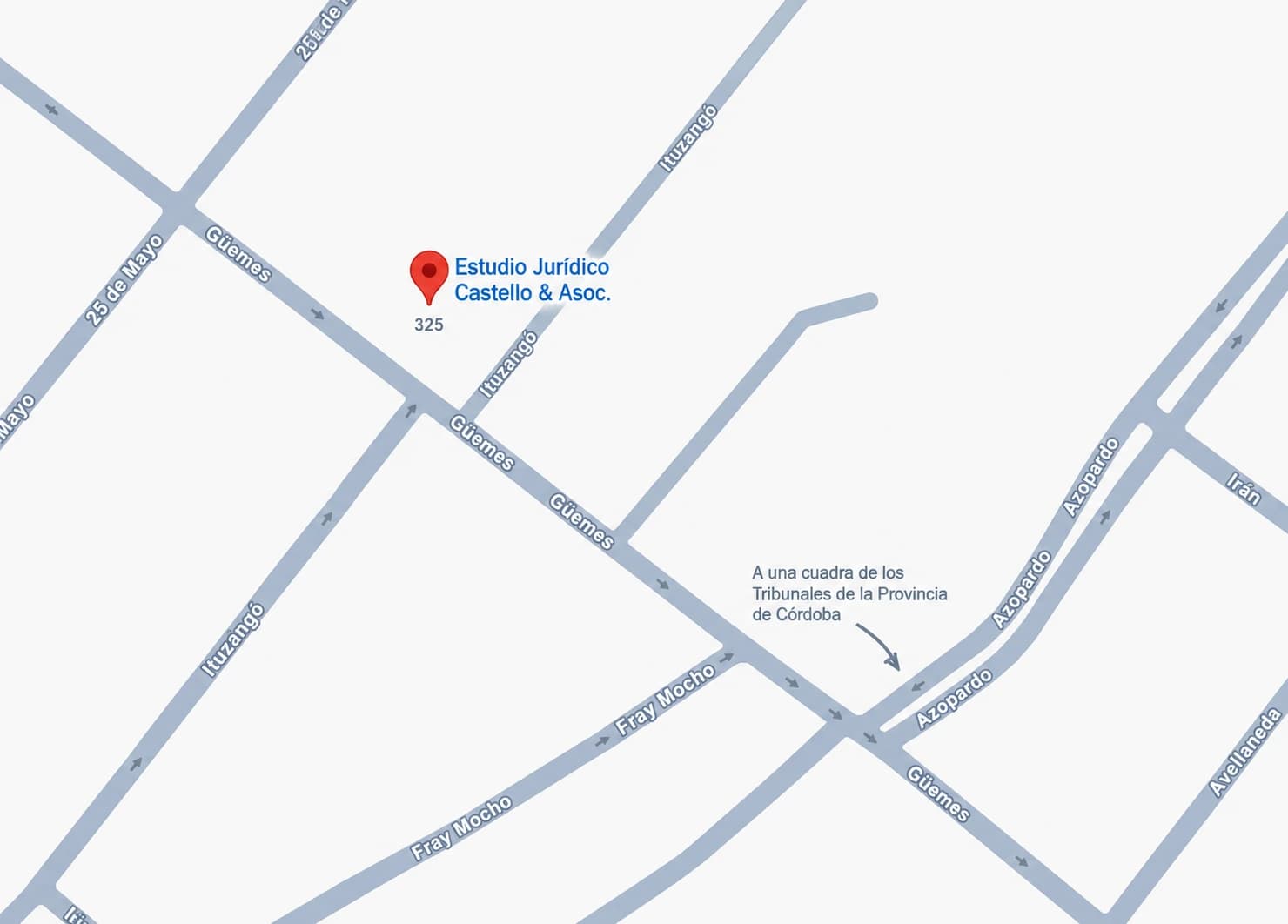Mapa ilustrado para llegar al Estudio Jurídico Castello & Asoc., en Martín de Güemes 325, a una cuadra de los Tribunales de la Provincia de Córdoba.